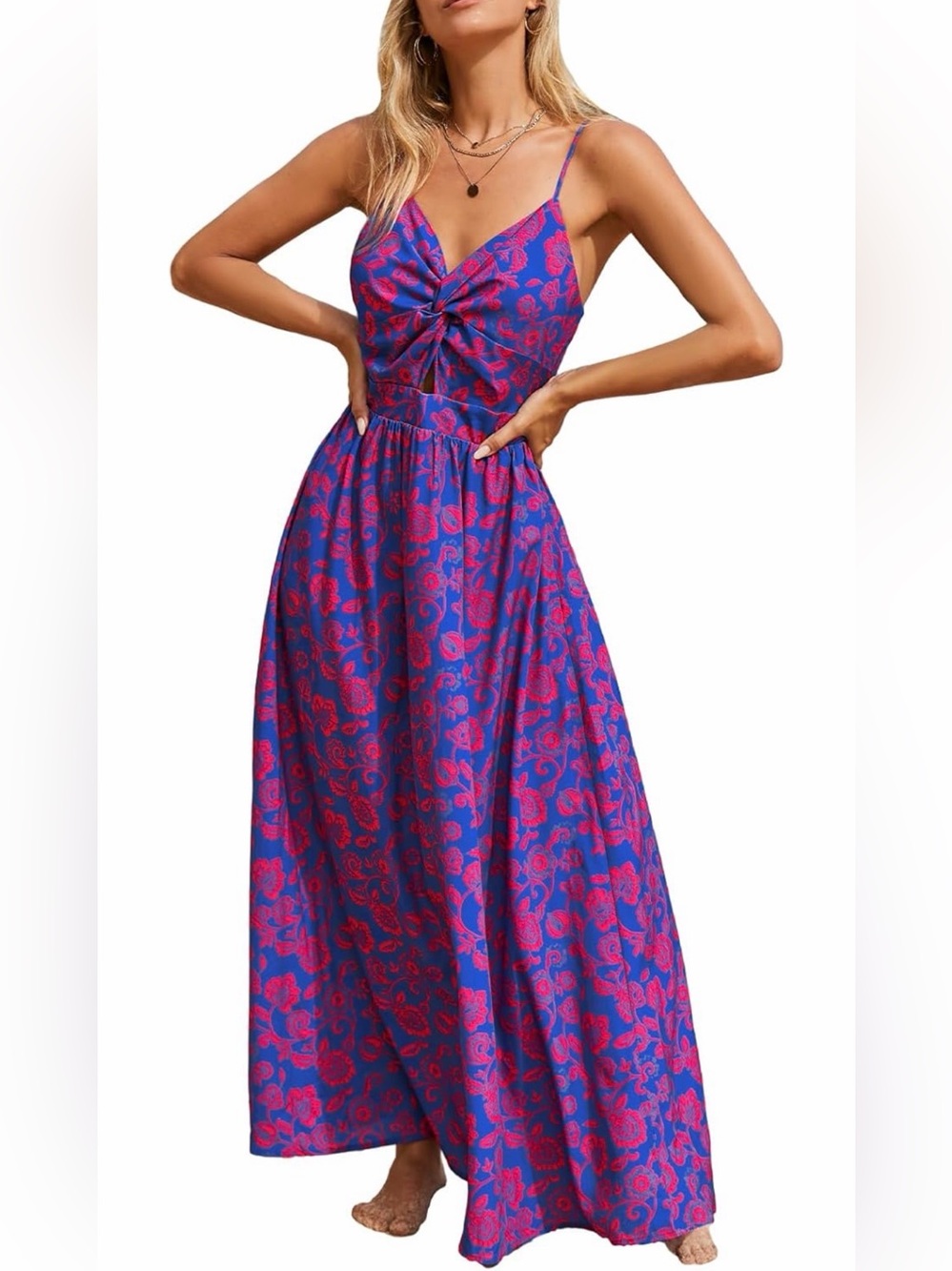 Cupshe Twist-Front Spaghetti Strap Maxi Dress in Blue & Pink